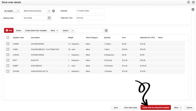 create order using this template